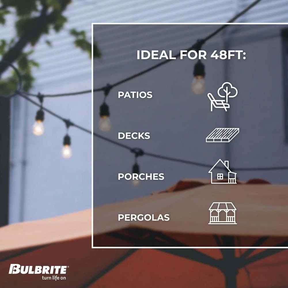 Outdoor/Indoor 48 ft. Plug-in Edison Bulb S14 Shatter Resistant LED Black String Light with 15 sockets-Bulbs included by Bulbrite 7 Outdoor/Indoor 48 ft. Plug-in Edison Bulb S14 Shatter Resistant LED Black String Light with 15 sockets-Bulbs included by Bulbrite - Image 6