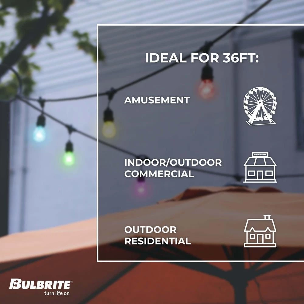 Outdoor/Indoor 36 ft. Plug-in Edison Bulb S14 Shatter Resistant LED Smart Black String Light 18 Sockets-Bulbs Included by Bulbrite 7 Outdoor/Indoor 36 ft. Plug-in Edison Bulb S14 Shatter Resistant LED Smart Black String Light 18 Sockets-Bulbs Included by Bulbrite - Image 5