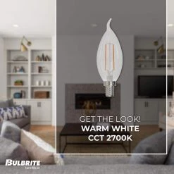 25W Dimmable CA10 (E12) Candelabra Screw Base Warm White Light Clear LED Filament Light Bulb,2700K (4-Pack) by Bulbrite -Deals Bulbrite Store bulbrite led light bulbs 861414 4f 1000